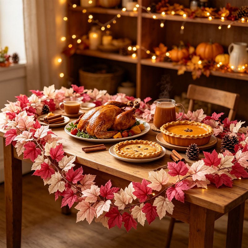 Pink Maple Leaf Garland for Fall Home Decor - 70.87 Inch Artificial Vine, Bendable Autumn Foliage with Cream Leaves - Pink Garland Variation 2