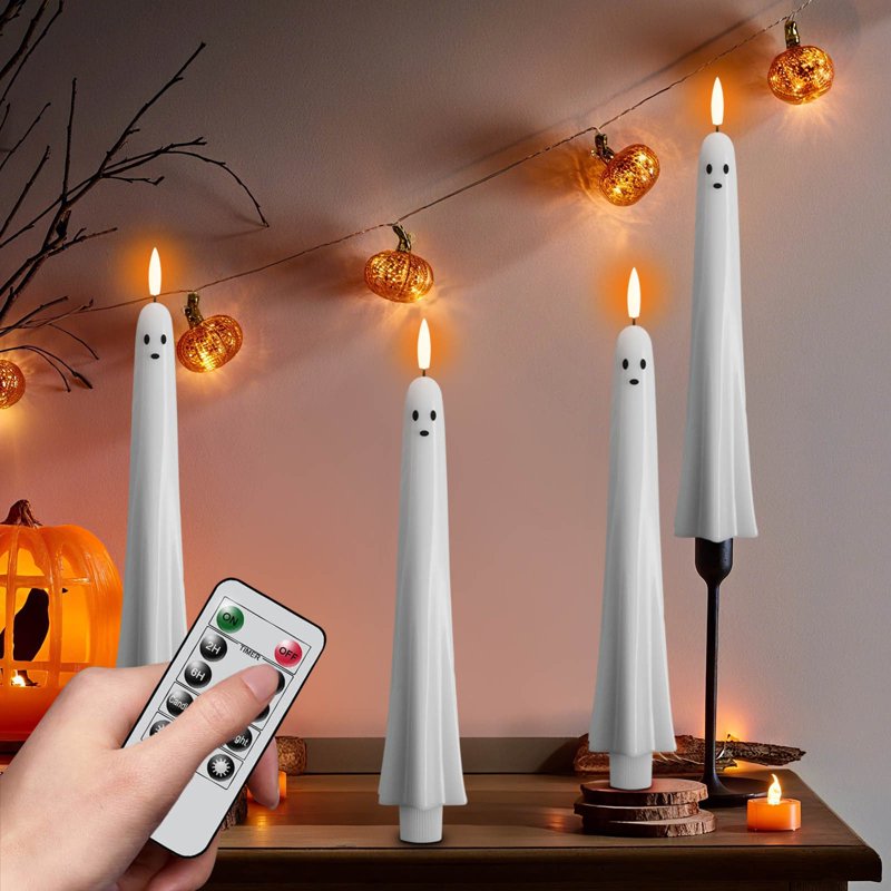 Halloween Ghost Flameless Taper Candles Set with Remote & Timer - White, Flickering LED, Indoor Decor - Variation C