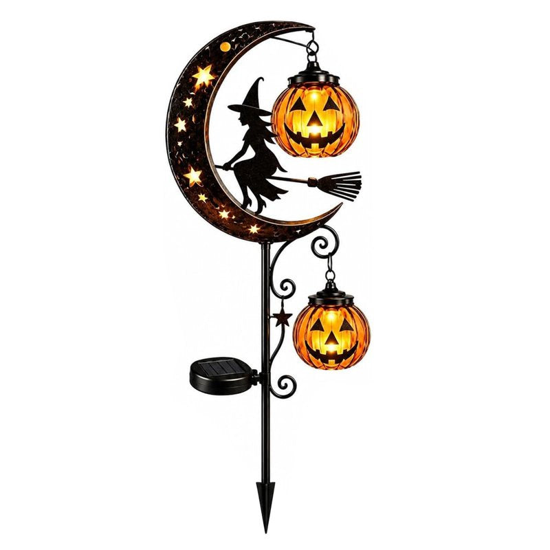 Solar Halloween Pumpkin & Moon Garden Stake Lights - Waterproof Metal Yard Decor - J