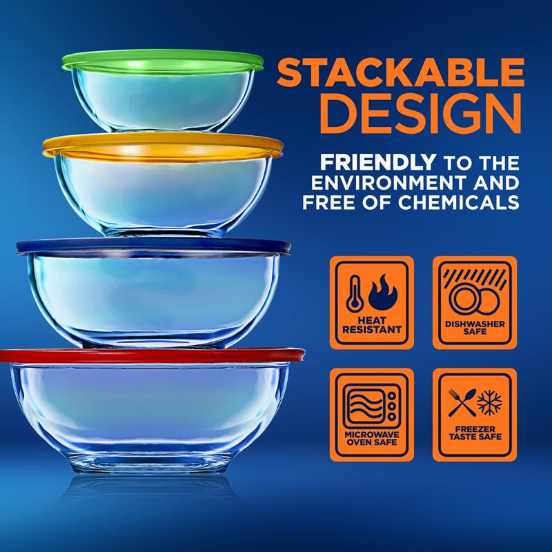 Glass Mixing Bowl Set - 4 Stackable Meal Prep Containers with Locking Lids