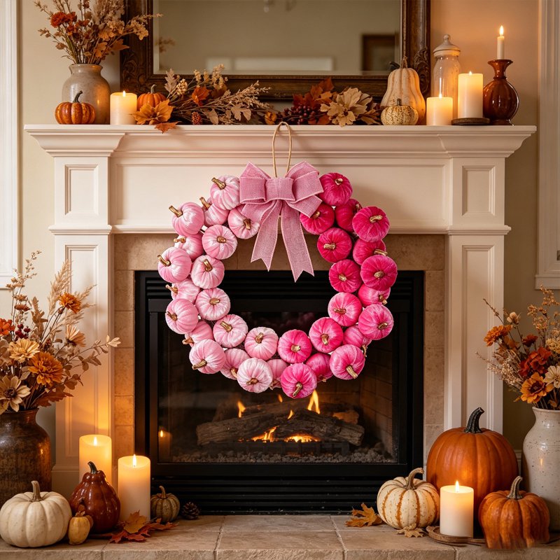 Pink Artificial Pumpkin Wreath with Linen Bow Fall Halloween Thanksgiving Door Decor - Deeceymbur Variation