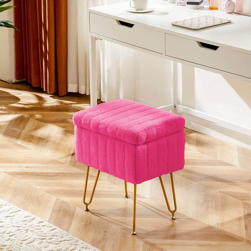 Ottoman Vanity Stool Chair with Storage - Rose Red Faux Fur