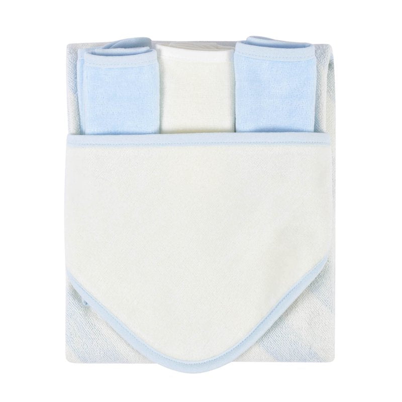 Unisex Baby Hooded Terry Velour Bath Towel & Washcloths Set - Blue, 4 Pieces