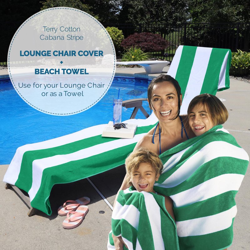 Cotton Lounge Chair Cover - Green, Cabana Stripe, Fits Standard & Oversized, OEKO-TEX Certified, Pack of 1