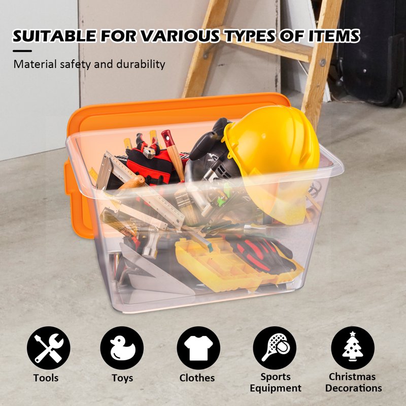 4-Pack 14.5-Gallon Plastic Storage Bins with Lids - Orange & Clear, Stackable Totes