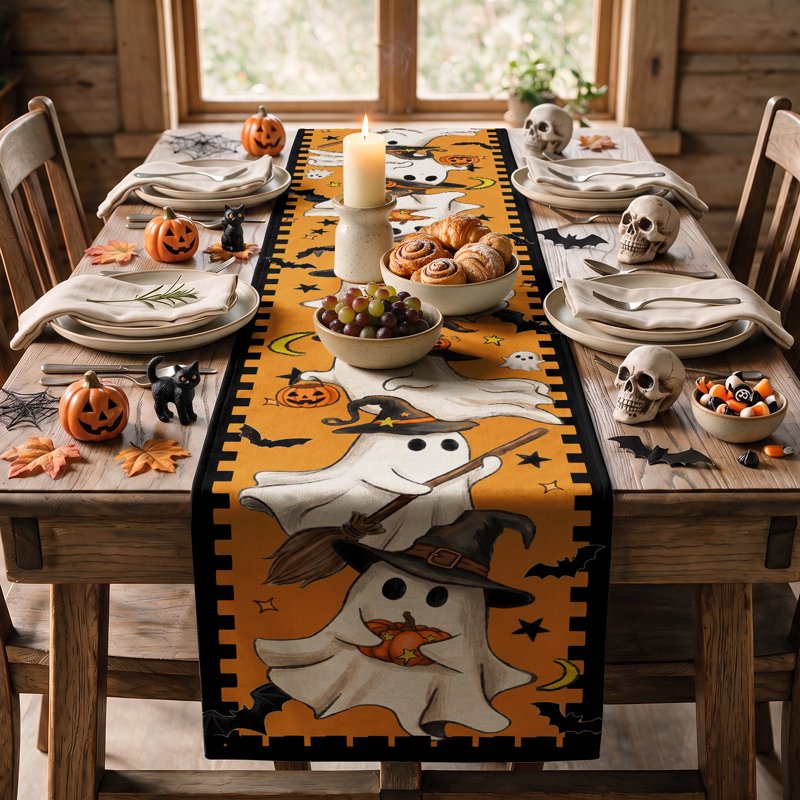 Halloween Table Runner Ghost Pumpkin 13x72 Inch - Indoor Outdoor Decor, Orange Variation H