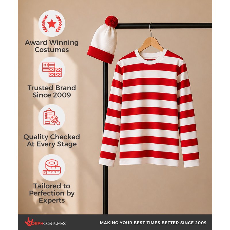 Men's Wheres Wanderer Costume Set XXL Red White Stripe Book Character Halloween