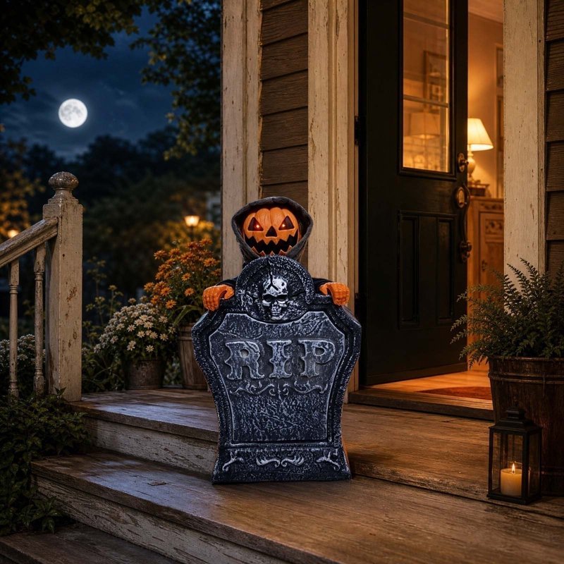 Halloween Animated Tombstone Decor with Rising Skeleton and Pumpkin - Voice Activated Outdoor Yard Prop