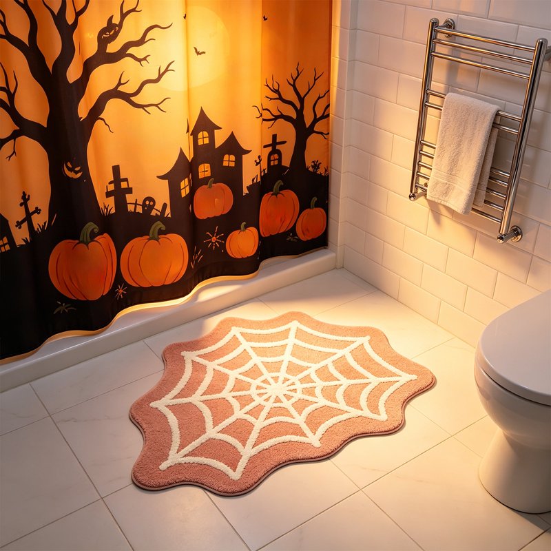 Beige Halloween Spiderweb Floor Mat - Non Slip Entryway & Bathroom Decor