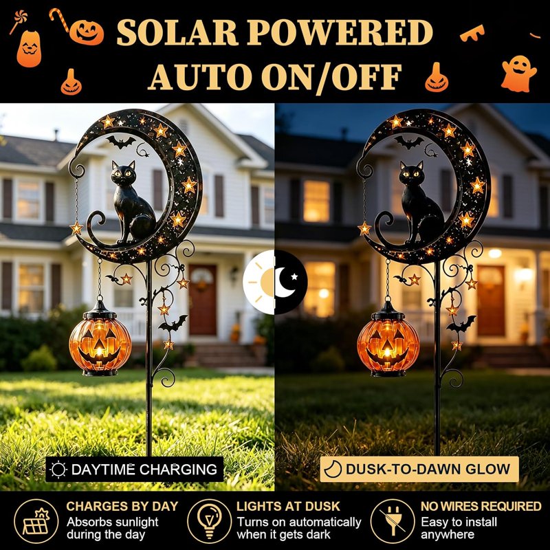 Solar Halloween Black Cat & Pumpkin Moon Garden Stake Light - Waterproof Metal Decor - Variation A