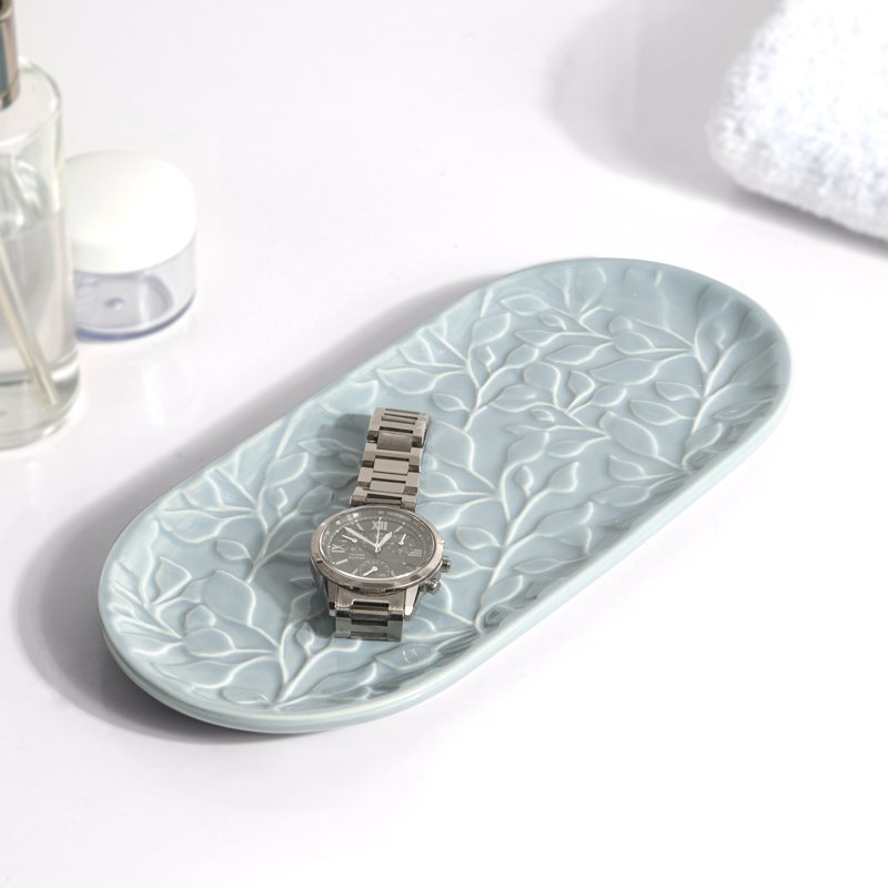 Blue Floral Ceramic Tray for Bathroom Countertop Organization