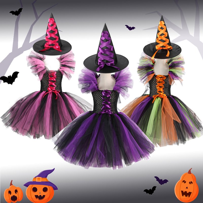 Purple Girls Halloween Witch Costume with Hat and Broom - 4-5T