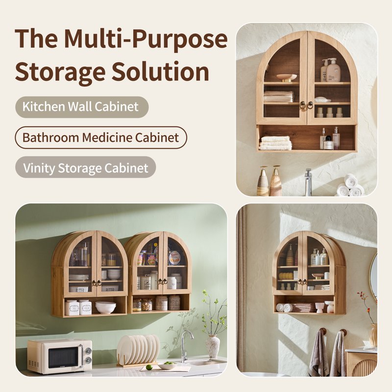 Arched Wall Cabinet with Adjustable Shelves & Glass Doors