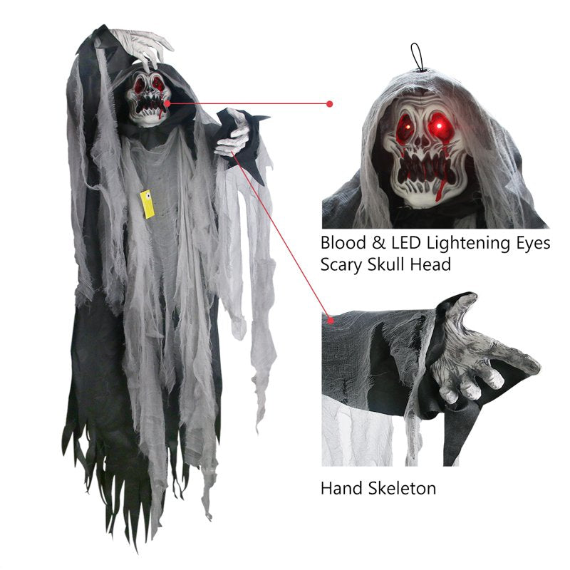 Halloween Skeleton Hanging Ghost Light-Up Grim Reaper Decoration - Black, 5.7FT