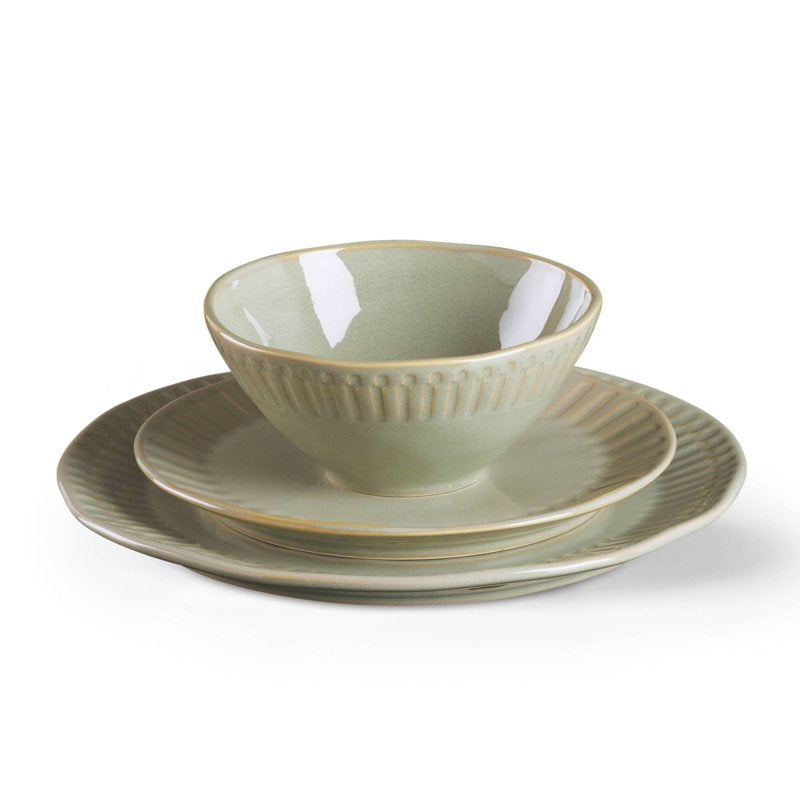 Artisanal Stripe 12-Piece Green Stoneware Dinnerware Set - Service for 4