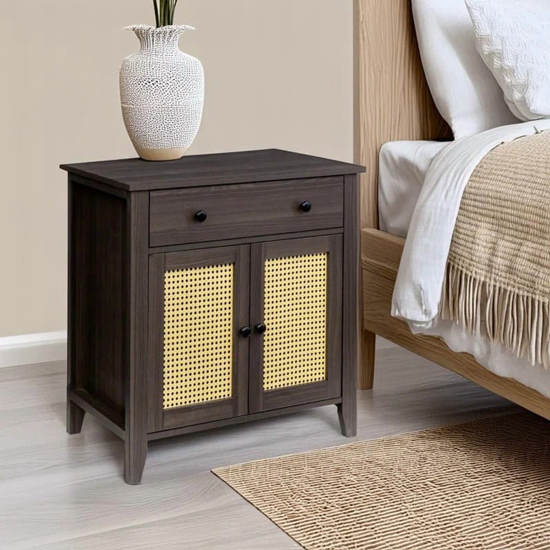 Rattan End Table & Storage Cabinet with Drawer - Walnut
