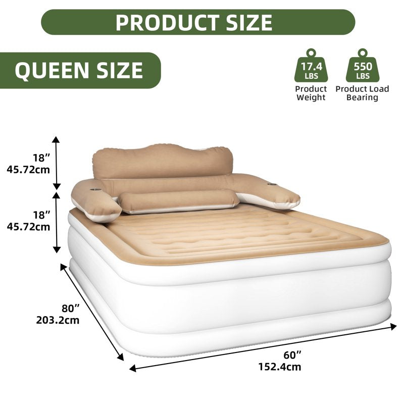 Queen Inflatable Air Bed with Headboard, Pump & Pillow - Brown, Portable
