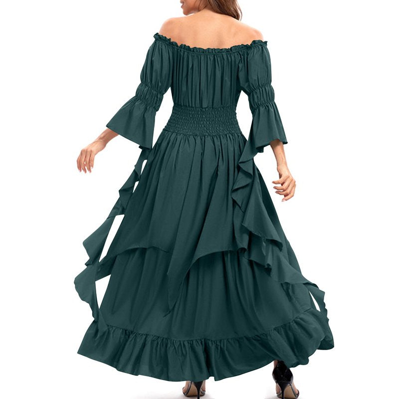 Army Green Renaissance Dress for Women L - Spring/Summer Solid Long Sleeve Round-Neck Casual Dress