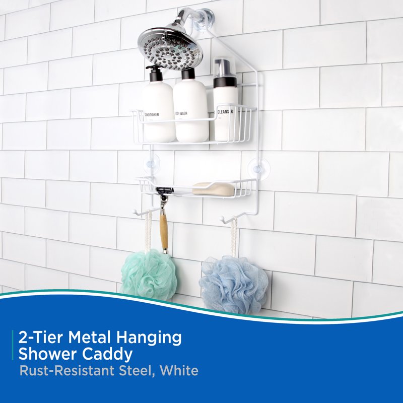 Rust-Resistant Metal Shower Caddy with Suction Cups & Razor Holder - White, 2-Tier Organizers