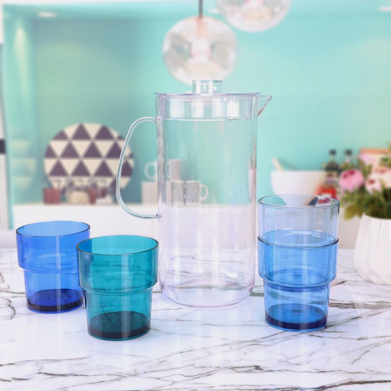 3-Quart Acrylic Pitcher with 14-Ounce Stackable Tumblers - Blue
