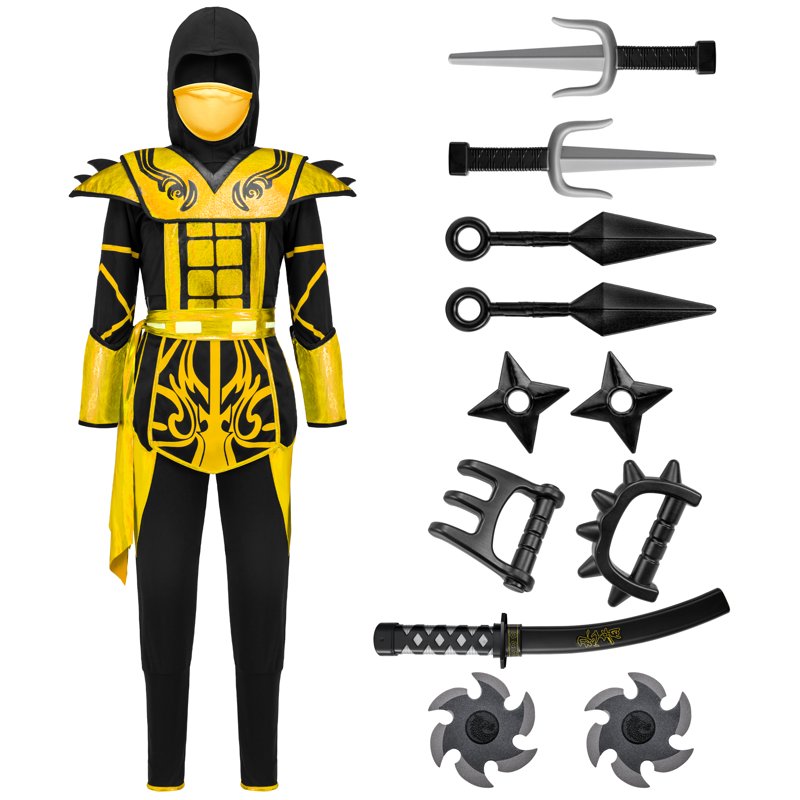 Kids Golden Ninja Costume Set for Boys Halloween Dress Up - Age 10-12 Years (Variation: Golden2, L 10-12yrs)