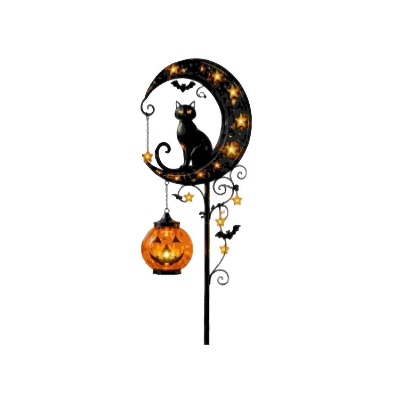 Halloween Solar Garden Stake Light with Metal Moon, Black Cat & LED Pumpkin - Variation A