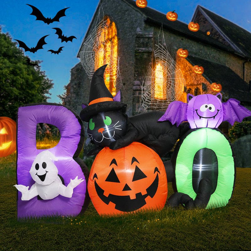 Halloween Inflatable Yard Decoration 6 Ft Pumpkin Ghost Black Cat & Bat Lighted
