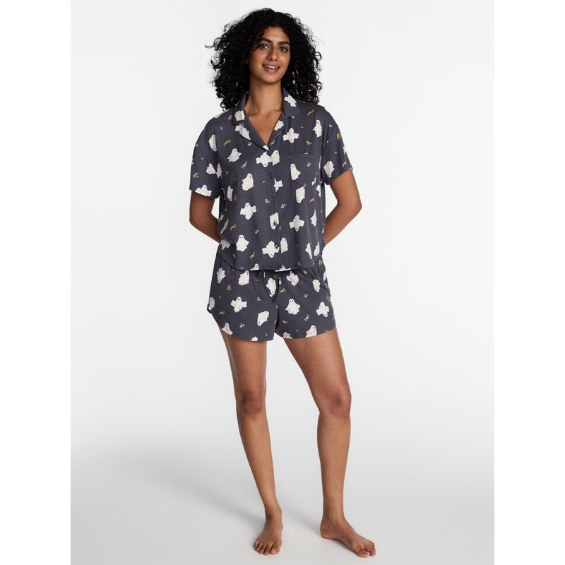 Halloween Women's Notched Top & Shorts Pajama Set Gray Lead 2X - Cozy Sleepwear