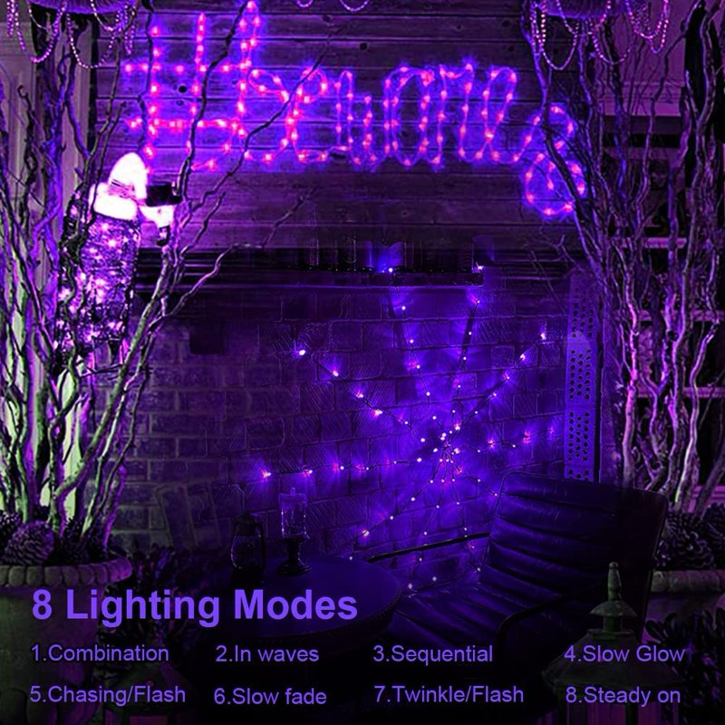 Halloween Spider Web String Lights - 70 LEDs, Purple, 8 Modes, Battery Operated
