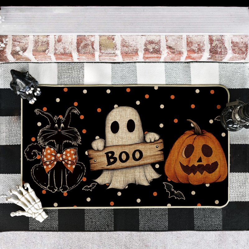 Halloween Welcome Doormat 17x29 Inch Polka Dot Black Cat Ghost Jack-O'-Lantern