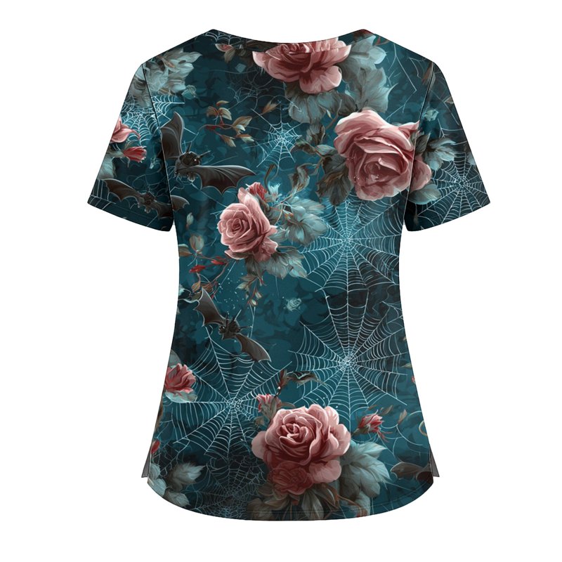 Halloween Nurse Scrubs Set for Women - Plus Size Pumpkin-Head Bat Printed Top - Turquoise XL