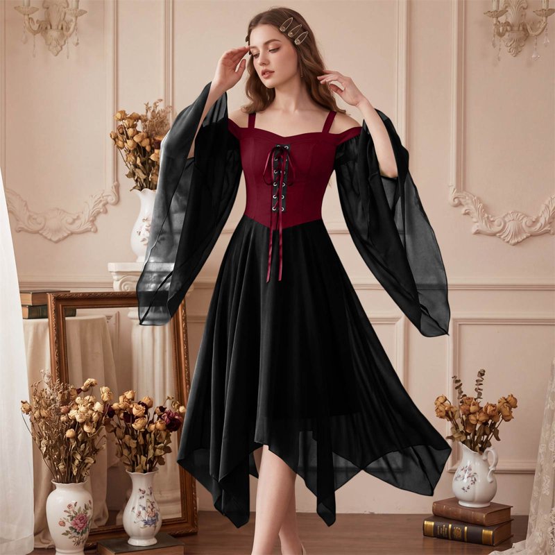 Women’s Gothic Witch Costume Dress - Renaissance Medieval Vampire Deep Red 3XL Variation
