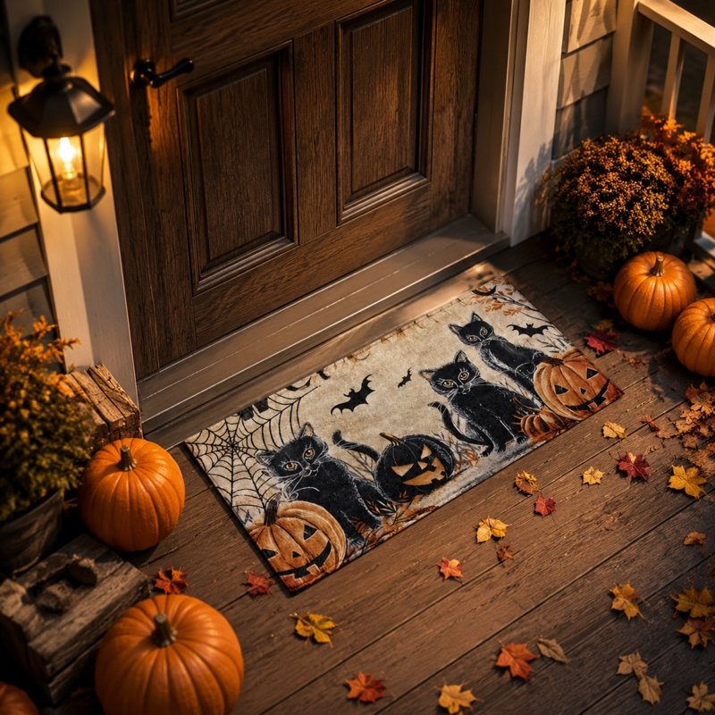 Halloween Door Mat Black Cat B - 24x16 inch Non Slip Entryway Rug