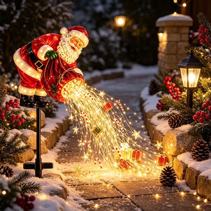 Santa Magic Pouring LED Christmas Garden Light - Solar Stake with Star Gift Box Candy Cane - Outdoor Holiday Decor - Variation B6