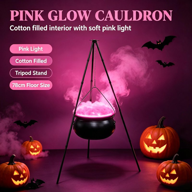 Pink Halloween Cauldron with Tripod & Timer Lights - Outdoor Yard Decor, 30.4" x 7.8" - Pink Variation
