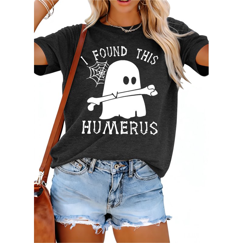 Halloween Ghost Graphic T-Shirt for Women - Dark Gray, L, Cute Spooky Tee
