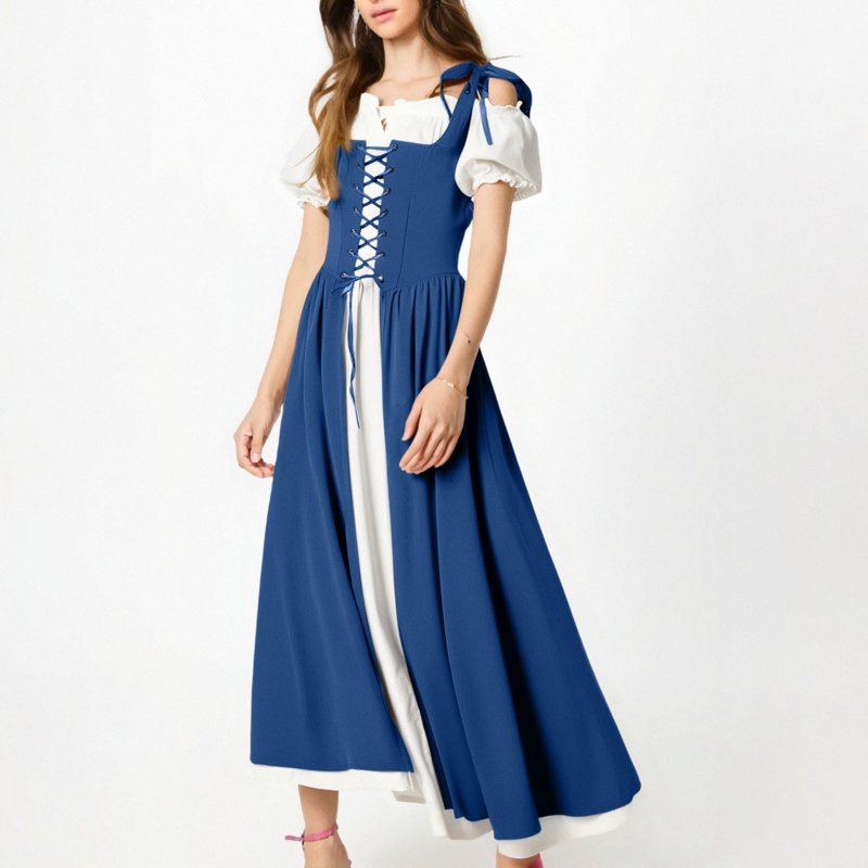 Medieval Renaissance Costume Dress Women Vintage Blue Maxi Dress XXL - AA Blue