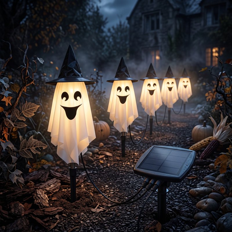 LED Ghost Yard Stake Light with Witch Hat - Battery Powered Halloween Decor - Variation 1#K