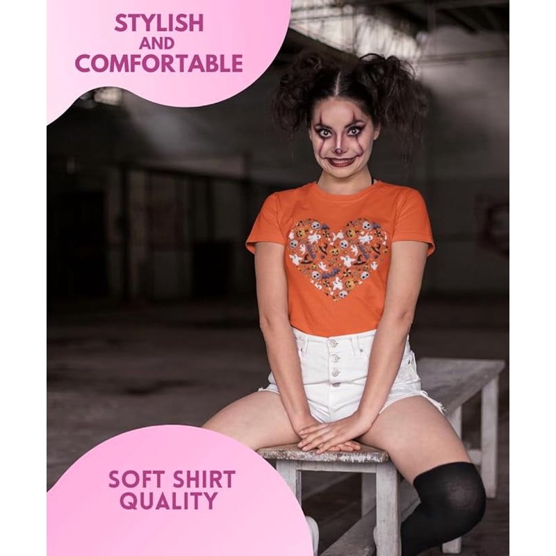 Halloween Printed Short Sleeve T Shirt for Women, Spooky Pumpkin Design, S-2XL - PrintF