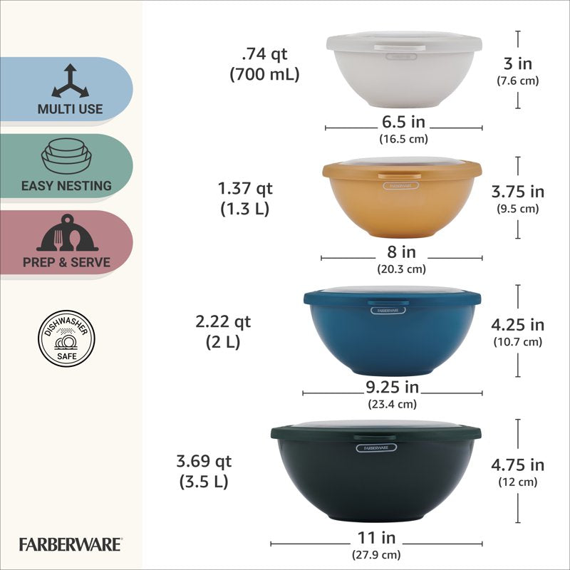 8-Piece Mixing Bowl Set with Lids - Nesting Kitchen Bowls