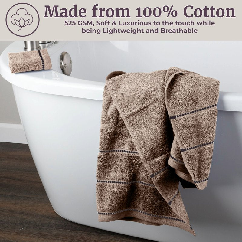 6-Piece Quick Dry Cotton Bath Towel Set with Taupe Accents - Spa & Gym Towels