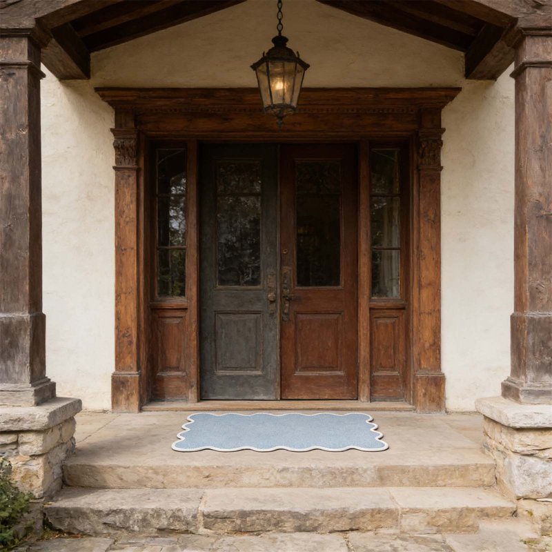 16.7 x 31.5 Inch Blue Scalloped Edge Doormat with Water Absorption and Non-Slip Backing - Indoor Entryway Rug