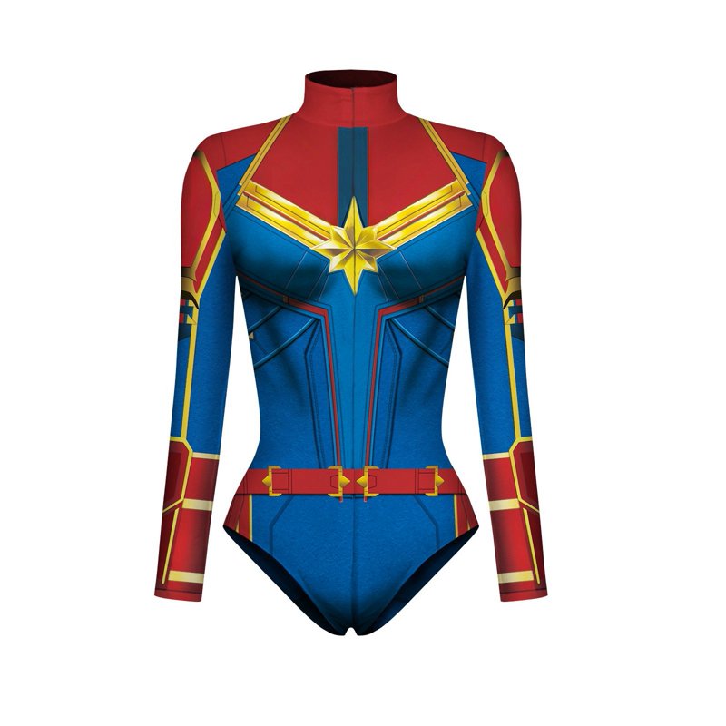 Women's Superhero Cosplay Bodysuit S with Long Sleeves & Belt - Royal Blue
