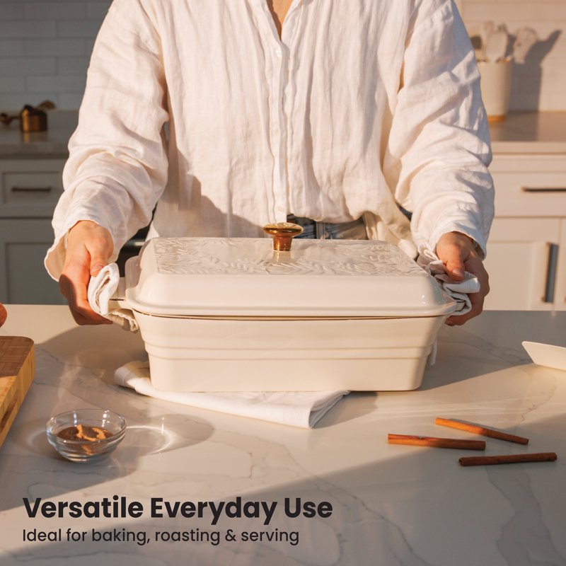 13-Inch Stoneware Covered Baking Dish - Embossed White