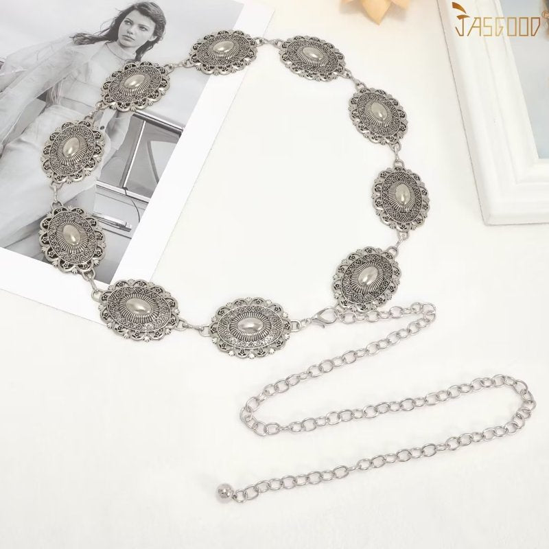 Western Chain Belt for Women Cowgirl Waist Belt for Dresses & Jeans - Silver, 36" Fit