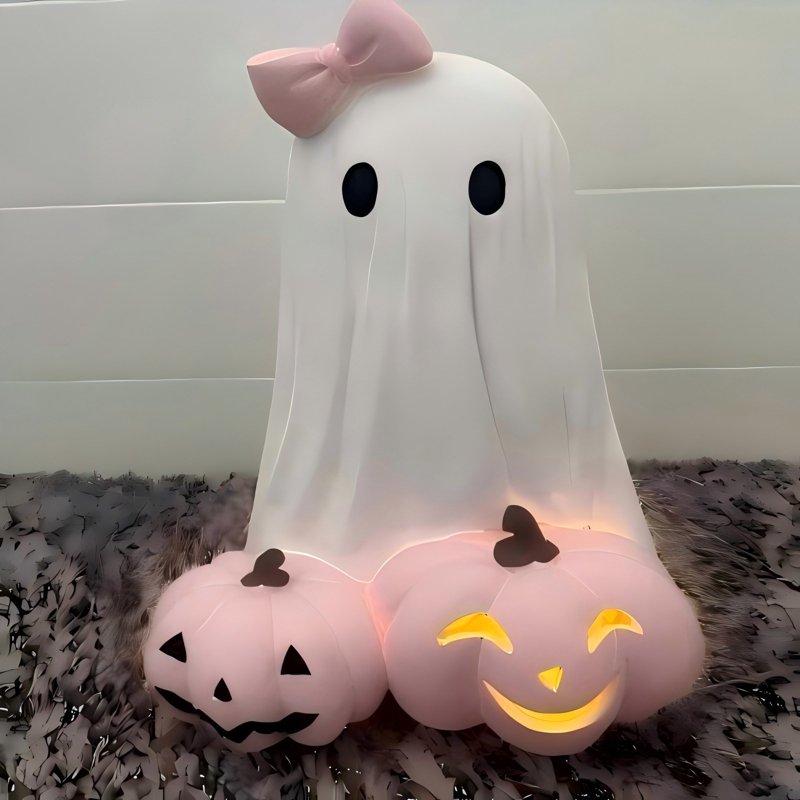 Girls Ghost Night Light Resin Halloween Figurine - White & Pink #361