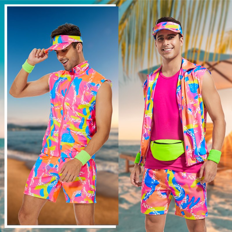 L 80s 90s Men Workout Costume Set Cosplay Halloween Party Outfit