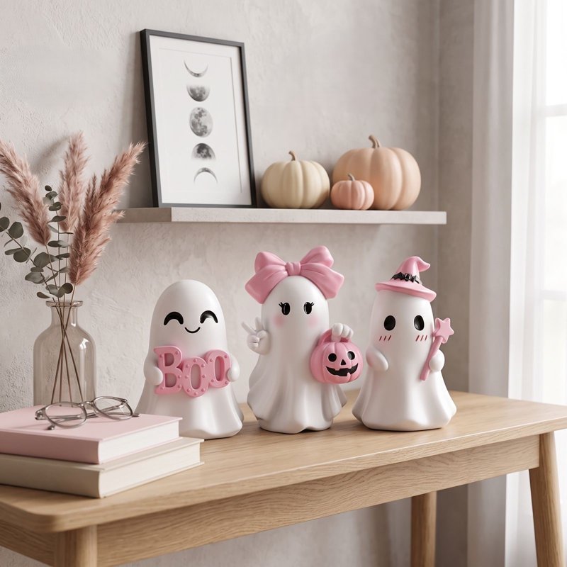Pink Halloween Ghost Figurines Set - Pastel Resin Ghosts for Fall & Holiday Decor - Variation H