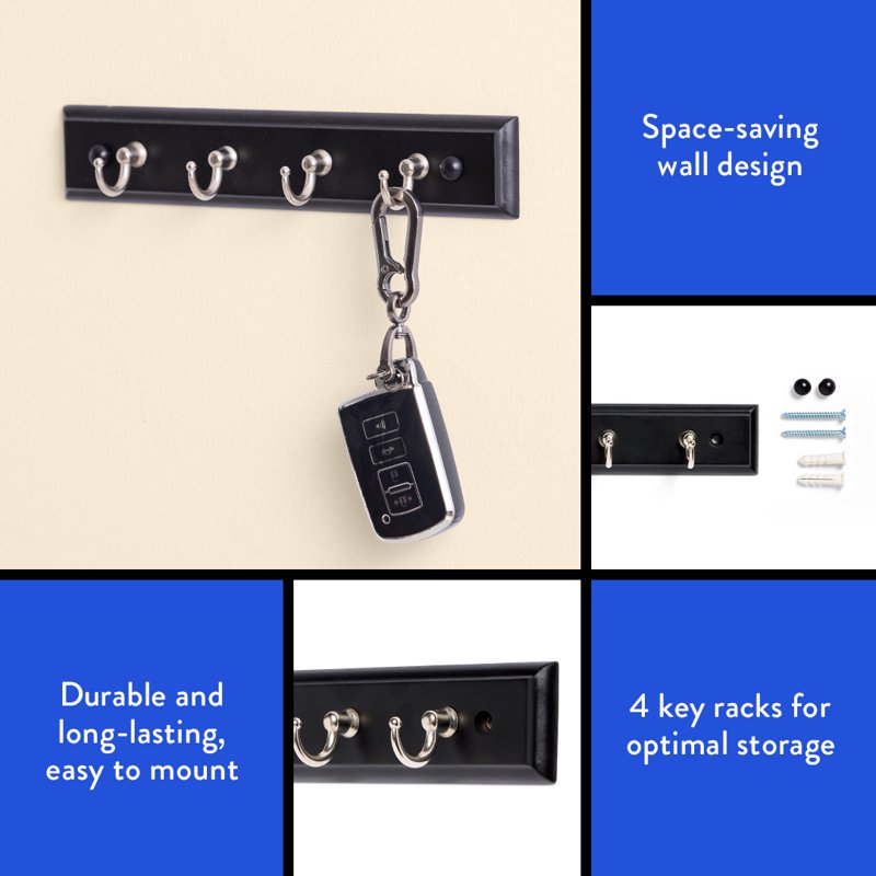 2 Pack Wall-Mounted Key Rail with 4 Satin Nickel Hooks - Black Finish, 8.75 Inch