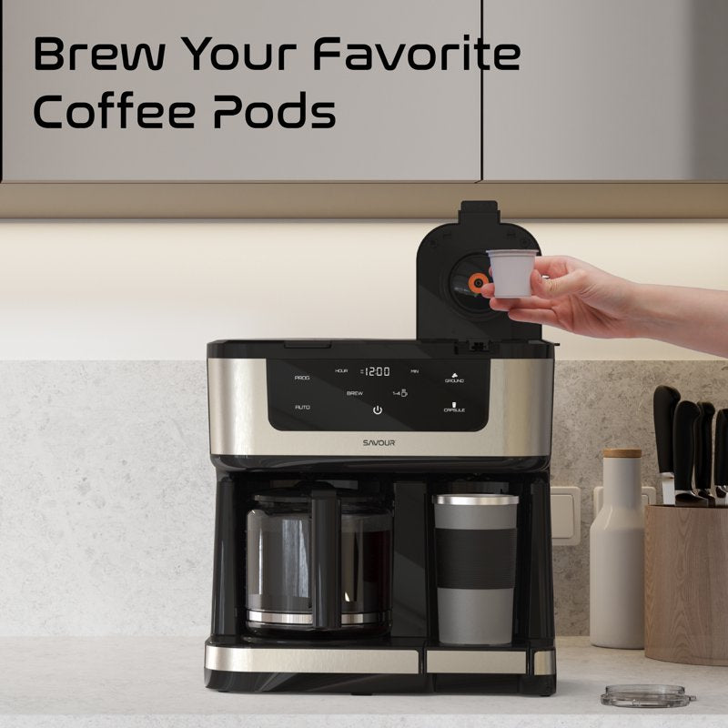 Dual Coffee Maker, Programmable 12-Cup Pot & Single Serve Machine